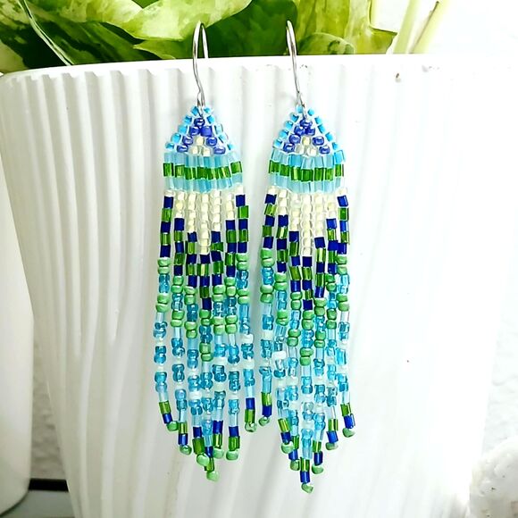Boho Chic Beaded Fringe Dangle Earrings, Blue & Green, Seed Bead Jewelry, 3.5" - Picture 5 of 7